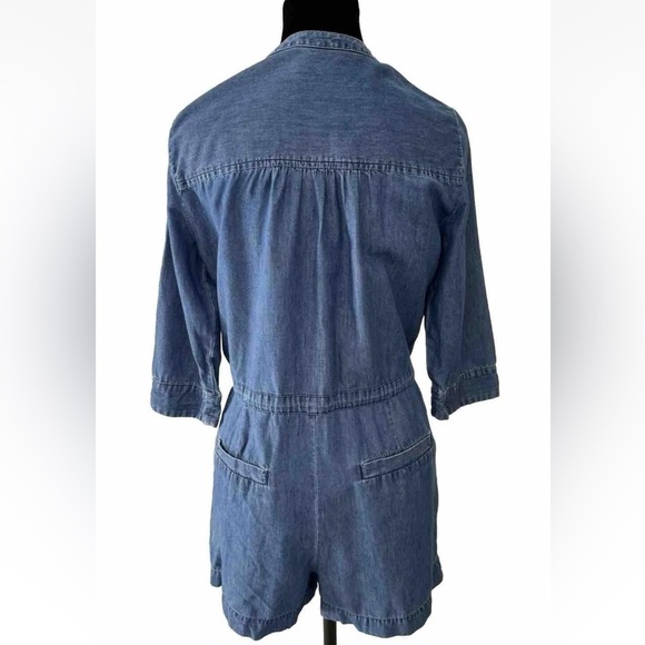 Express Romper Shorts Sz S Blue Denim Look Pockets Drawstring Cruise Cacation - Picture 3 of 9